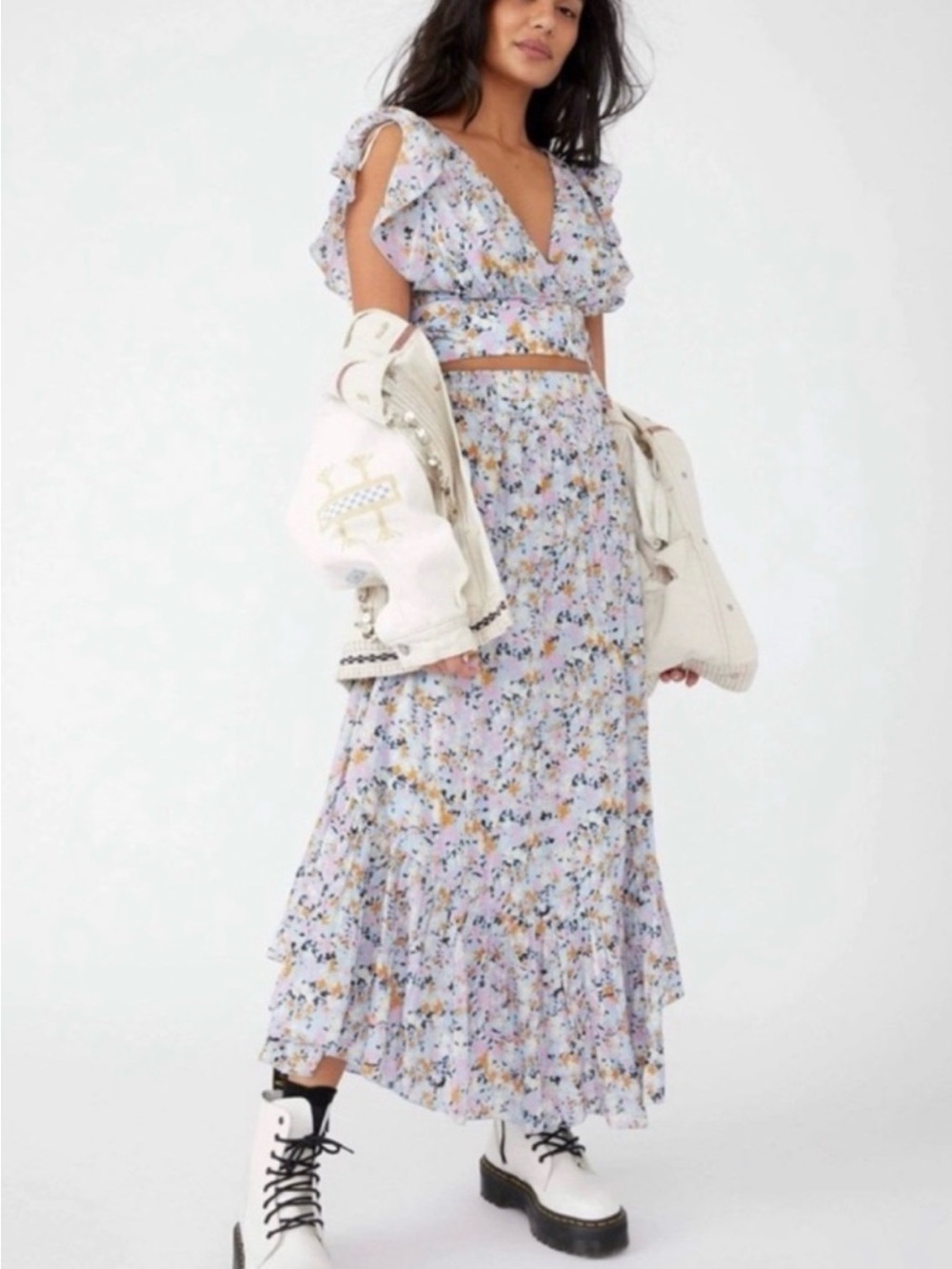 Free People Lavender Floral Ruffled Top and Maxi Skirt - Picture 6 of 8